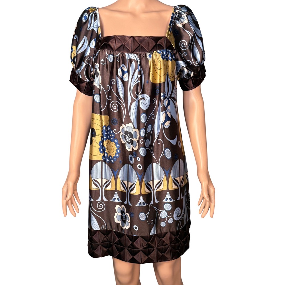 Minuet Brown Blue Floral Satin Shift Dress Large Square Neck Puff Sleeve